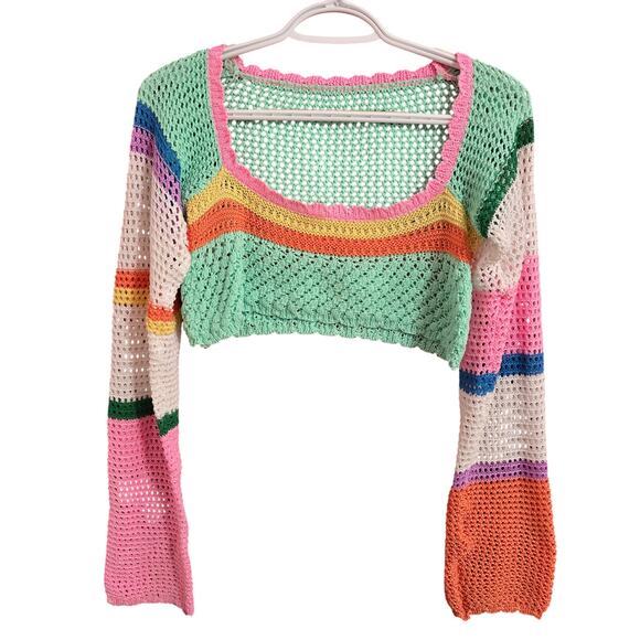Women's Cropped Knitted Multicolor Long Sleeve Cropped Top - Picture 3 of 4